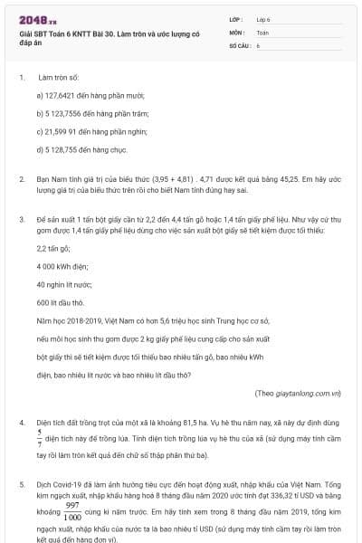 Giải SBT Toán 6 KNTT Bài 30. Làm tròn và ước lượng có đáp án