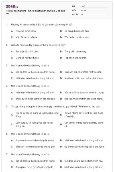 15 câu trắc nghiệm Tin học 8 Kết nối tri thức Bài 2 có đáp án