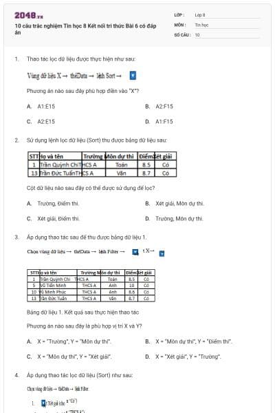 10 câu trắc nghiệm Tin học 8 Kết nối tri thức Bài 6 có đáp án