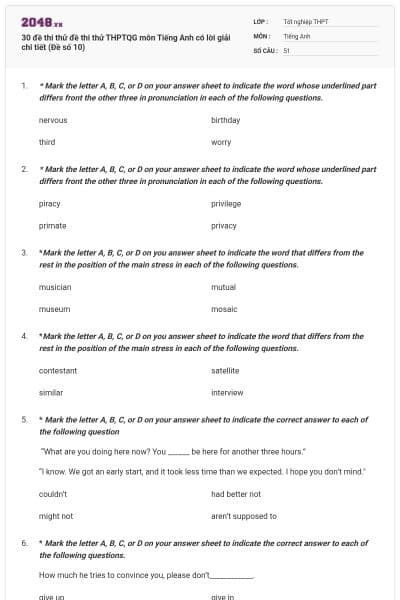30 đề thi thử đề thi thử THPTQG môn Tiếng Anh có lời giải chi tiết (Đề số 10)