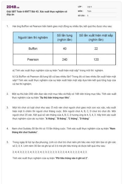 Giải SBT Toán 6 KNTT Bài 43. Xác suất thực nghiệm có đáp án