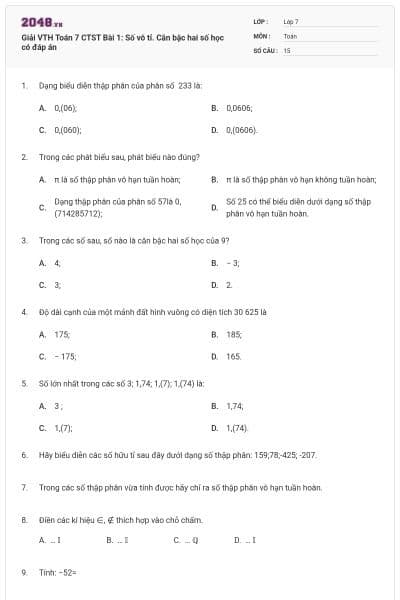 Giải VTH Toán 7 CTST Bài 1: Số vô tỉ. Căn bậc hai số học có đáp án