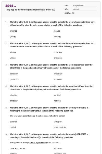 Tổng hợp đề thi thử tiếng anh thpt quốc gia (Đề số 32)