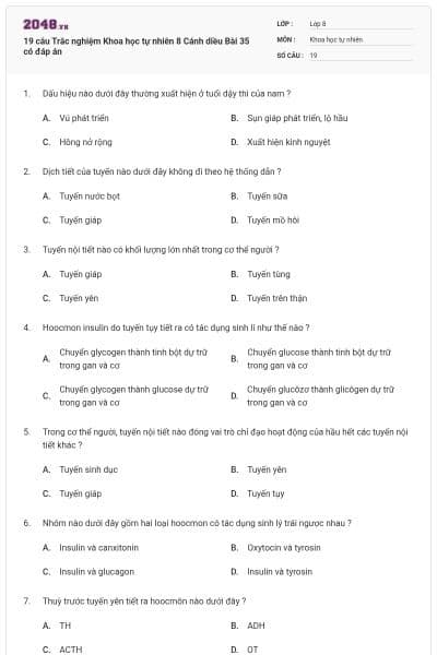 19 câu Trắc nghiệm Khoa học tự nhiên 8 Cánh diều Bài 35 có đáp án