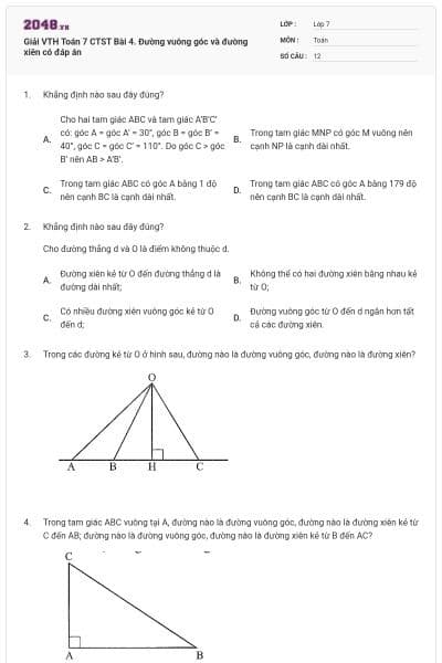Giải VTH Toán 7 CTST Bài 4. Đường vuông góc và đường xiên có đáp án