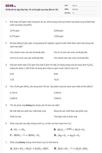 20 Bộ đề ôn tập Hóa Học 10 có lời giải cực hay (Đề số 18)