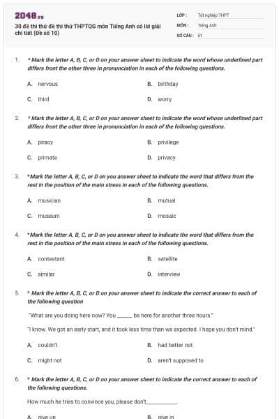 30 đề thi thử đề thi thử THPTQG môn Tiếng Anh có lời giải chi tiết (Đề số 10)