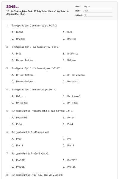 15 câu Trắc nghiệm Toán 12 Lũy thừa- Hàm số lũy thừa có đáp án (Mới nhất)