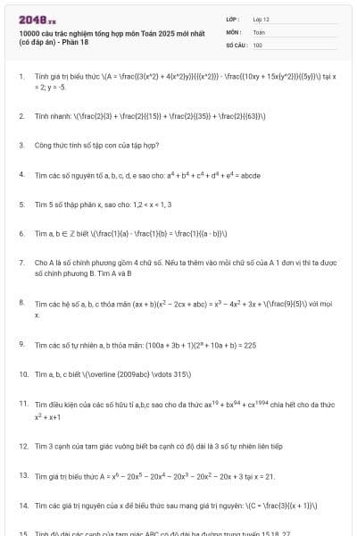 10000 câu trắc nghiệm tổng hợp môn Toán 2025 mới nhất (có đáp án) - Phần 18