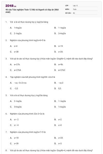 46 câu Trắc nghiệm Toán 12 Mũ và lôgarit có đáp án (Mới nhất)