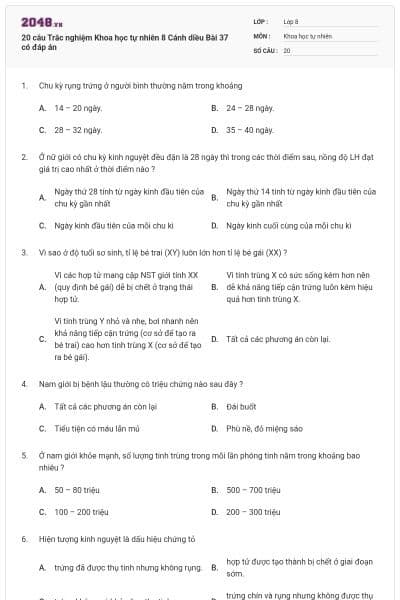20 câu Trắc nghiệm Khoa học tự nhiên 8 Cánh diều Bài 37 có đáp án
