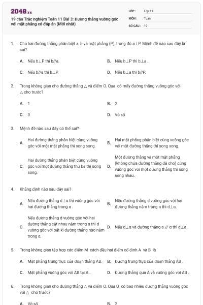 19 câu Trắc nghiệm Toán 11 Bài 3: Đường thẳng vuông góc với mặt phẳng có đáp án (Mới nhất)