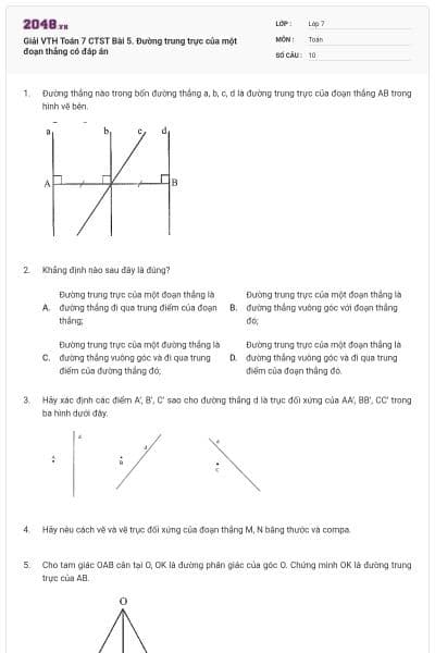 Giải VTH Toán 7 CTST Bài 5. Đường trung trực của một đoạn thẳng có đáp án