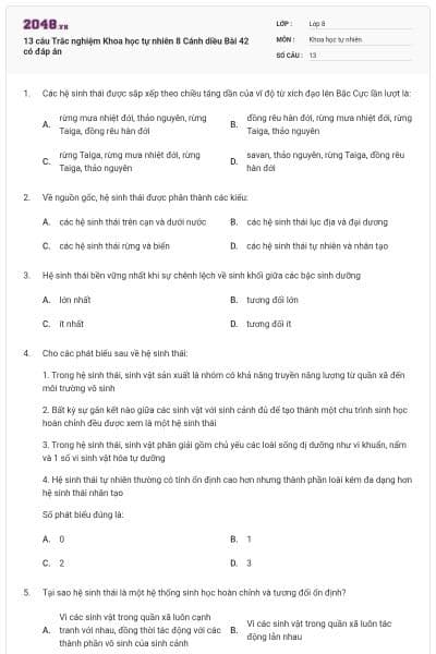 13 câu Trắc nghiệm Khoa học tự nhiên 8 Cánh diều Bài 42 có đáp án