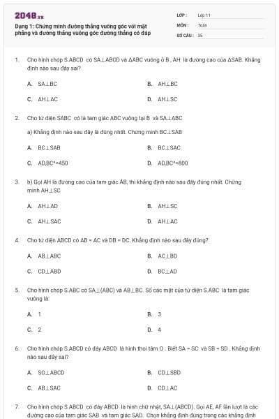 Dạng 1: Chứng minh đường thẳng vuông góc với mặt phẳng và đường thẳng vuông góc đường thẳng có đáp