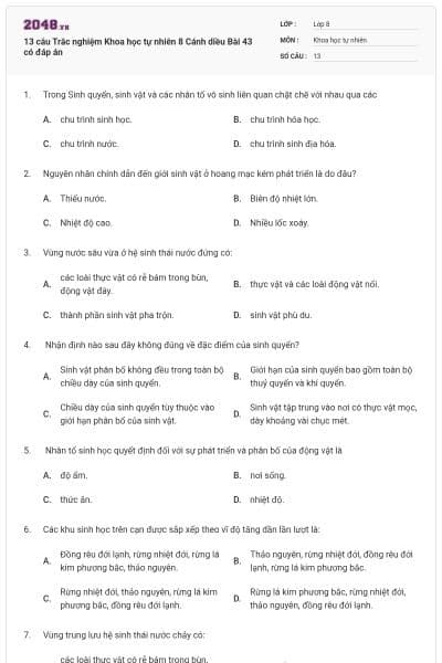 13 câu Trắc nghiệm Khoa học tự nhiên 8 Cánh diều Bài 43 có đáp án