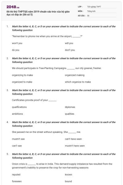 Đề thi thử THPTQG năm 2019 chuẩn cấu trúc của bộ giáo dục có đáp án (Đề số 5)
