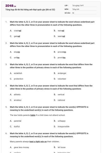 Tổng hợp đề thi thử tiếng anh thpt quốc gia (Đề số 32)