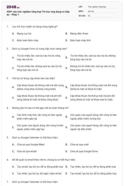400+ câu trắc nghiệm tổng hợp Tin học ứng dụng có đáp án - Phần 1