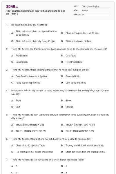 400+ câu trắc nghiệm tổng hợp Tin học ứng dụng có đáp án - Phần 2