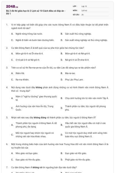 Bộ 2 đề thi giữa học kì 2 Lịch sử 10 Cách diều có đáp án - Đề 1