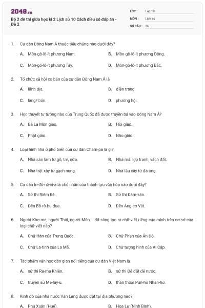 Bộ 2 đề thi giữa học kì 2 Lịch sử 10 Cách diều có đáp án - Đề 2