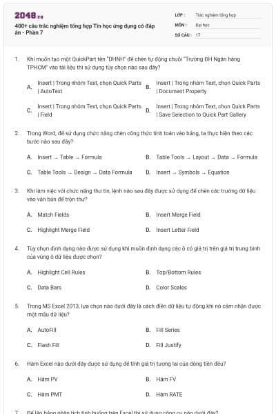 400+ câu trắc nghiệm tổng hợp Tin học ứng dụng có đáp án - Phần 7