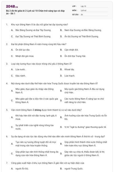 Bộ 2 đề thi giữa kì 2 Lịch sử 10 Chân trời sáng tạo có đáp án - Đề 1