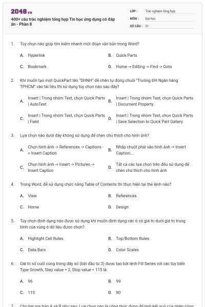 400+ câu trắc nghiệm tổng hợp Tin học ứng dụng có đáp án - Phần 8