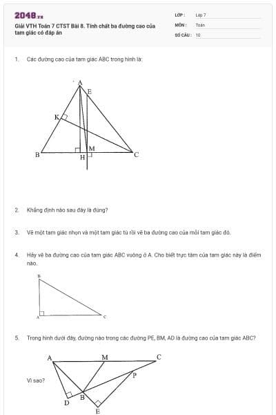 Giải VTH Toán 7 CTST Bài 8. Tính chất ba đường cao của tam giác có đáp án