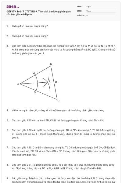 Giải VTH Toán 7 CTST Bài 9. Tính chất ba đường phân giác của tam giác có đáp án