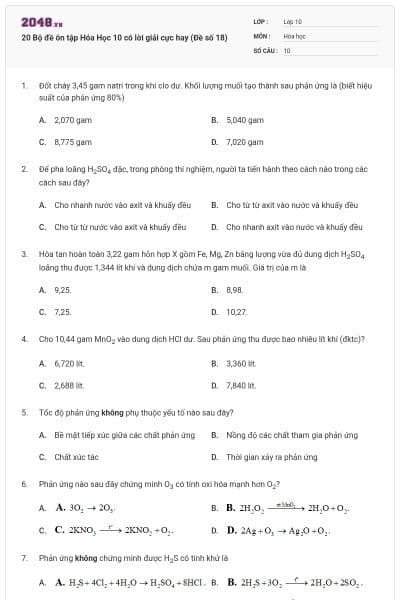 20 Bộ đề ôn tập Hóa Học 10 có lời giải cực hay (Đề số 18)