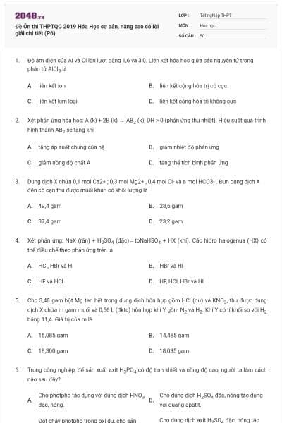Đề Ôn thi THPTQG 2019 Hóa Học cơ bản, nâng cao có lời giải chi tiết (P6)