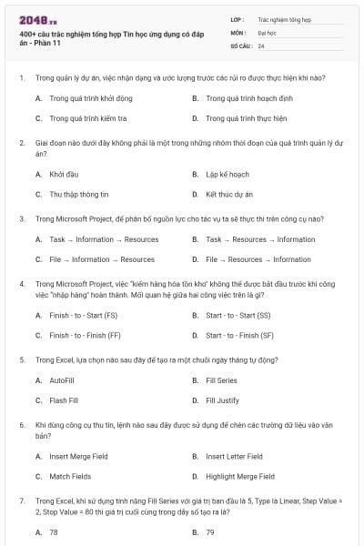 400+ câu trắc nghiệm tổng hợp Tin học ứng dụng có đáp án - Phần 11