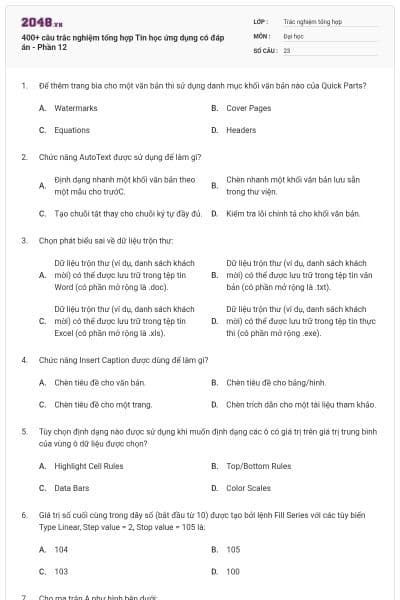 400+ câu trắc nghiệm tổng hợp Tin học ứng dụng có đáp án - Phần 12