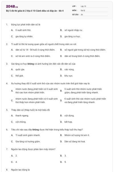 Bộ 5 đề thi giữa kì 2 Địa lí 10 Cánh diều có đáp án - Đề 4