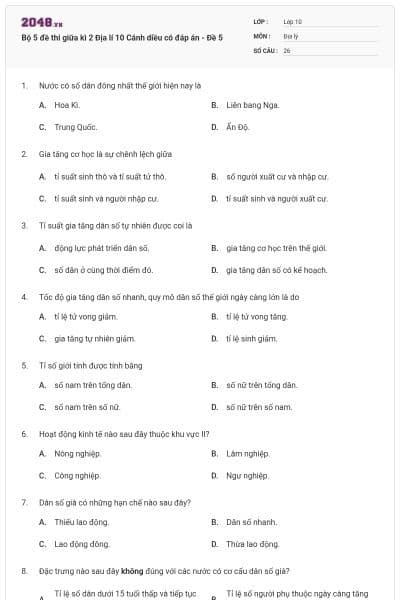 Bộ 5 đề thi giữa kì 2 Địa lí 10 Cánh diều có đáp án - Đề 5