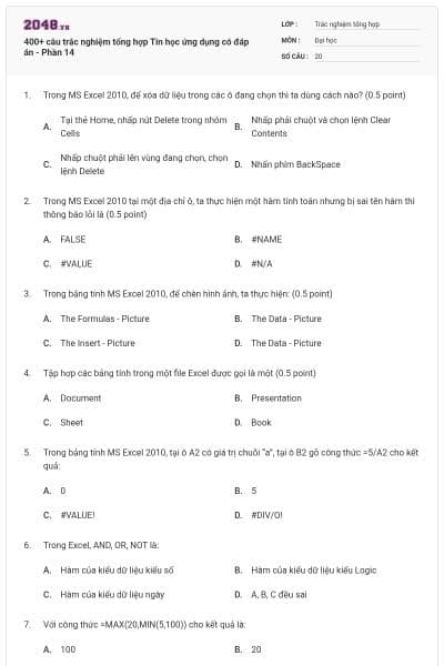 400+ câu trắc nghiệm tổng hợp Tin học ứng dụng có đáp án - Phần 14