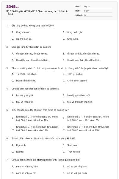 Bộ 5 đề thi giữa kì 2 Địa lí 10 Chân trời sáng tạo có đáp án - Đề 4