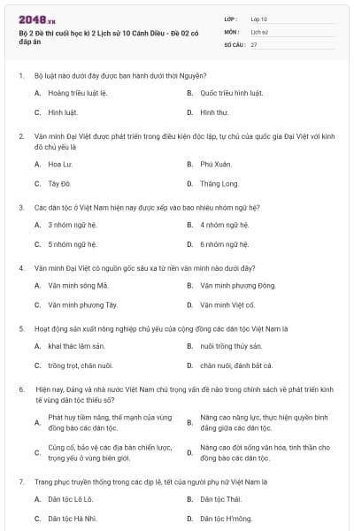 Bộ 2 Đề thi cuối học kì 2 Lịch sử 10 Cánh Diều - Đề 02 có đáp án