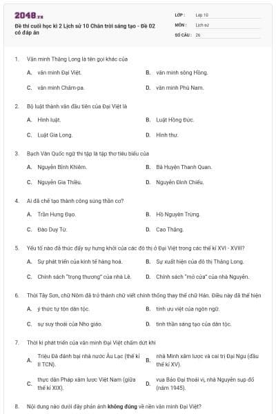 Đề thi cuối học kì 2 Lịch sử 10 Chân trời sáng tạo - Đề 02 có đáp án
