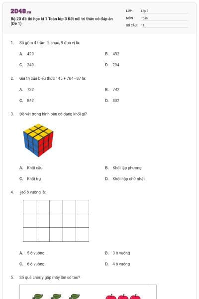 Bộ 20 đề thi học kì 1 Toán lớp 3 Kết nối tri thức có đáp án (Đề 1)
