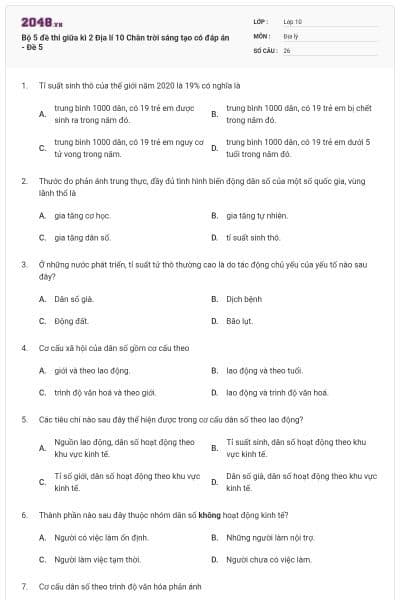 Bộ 5 đề thi giữa kì 2 Địa lí 10 Chân trời sáng tạo có đáp án - Đề 5