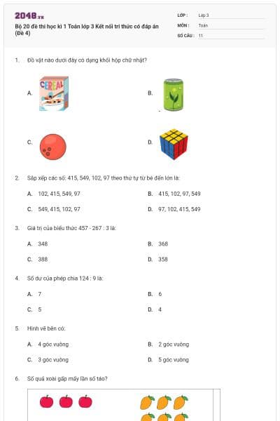 Bộ 20 đề thi học kì 1 Toán lớp 3 Kết nối tri thức có đáp án (Đề 4)
