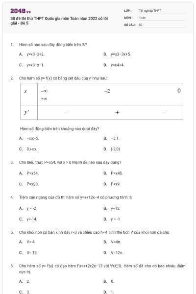 30 đề thi thử THPT Quốc gia môn Toán năm 2022 có lời giải - Đề 5