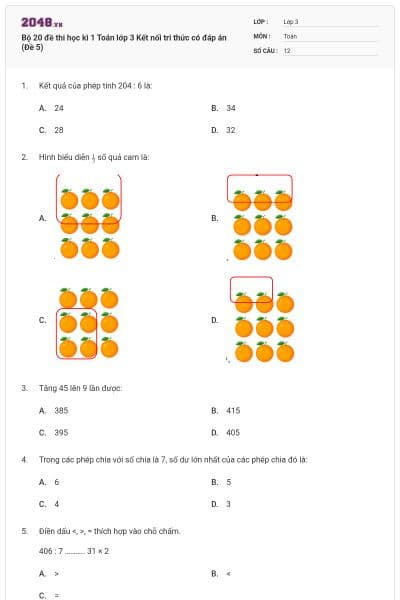 Bộ 20 đề thi học kì 1 Toán lớp 3 Kết nối tri thức có đáp án (Đề 5)