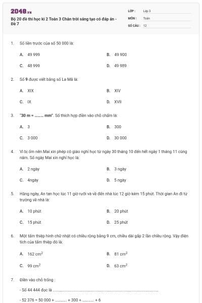 Bộ 20 đề thi học kì 2 Toán 3 Chân trời sáng tạo có đáp án - Đề 7