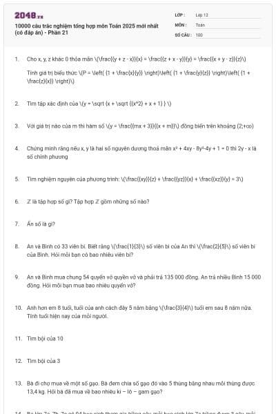 10000 câu trắc nghiệm tổng hợp môn Toán 2025 mới nhất (có đáp án) - Phần 21