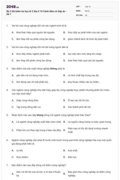 Bộ 2 Đề kiểm tra học kì 2 Địa lí 10 Cánh diều có đáp án - Đề 1