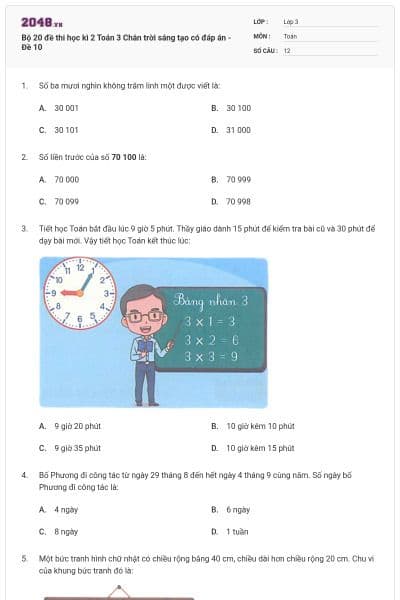 Bộ 20 đề thi học kì 2 Toán 3 Chân trời sáng tạo có đáp án - Đề 10